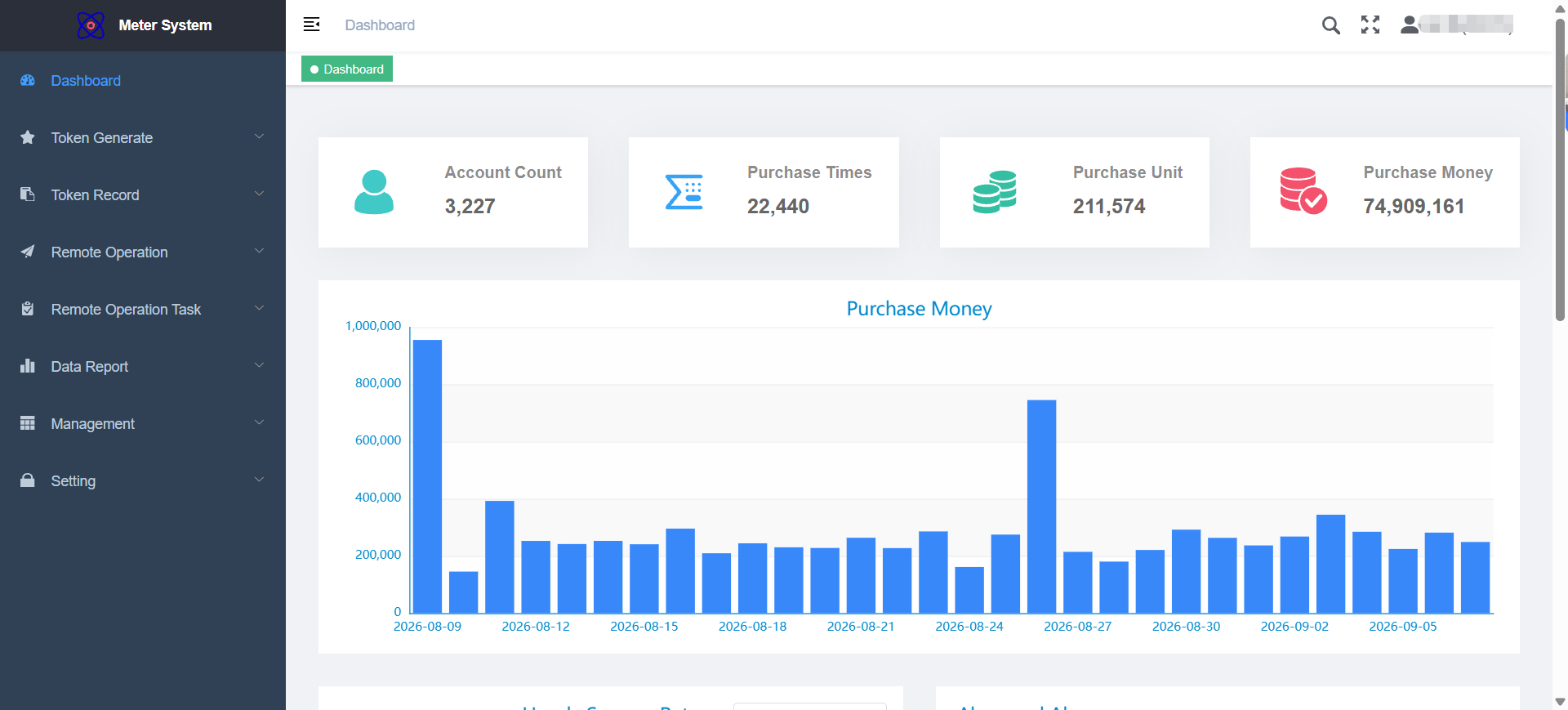 Anonymized metering platform dashboard with token, remote-operation and reporting navigation